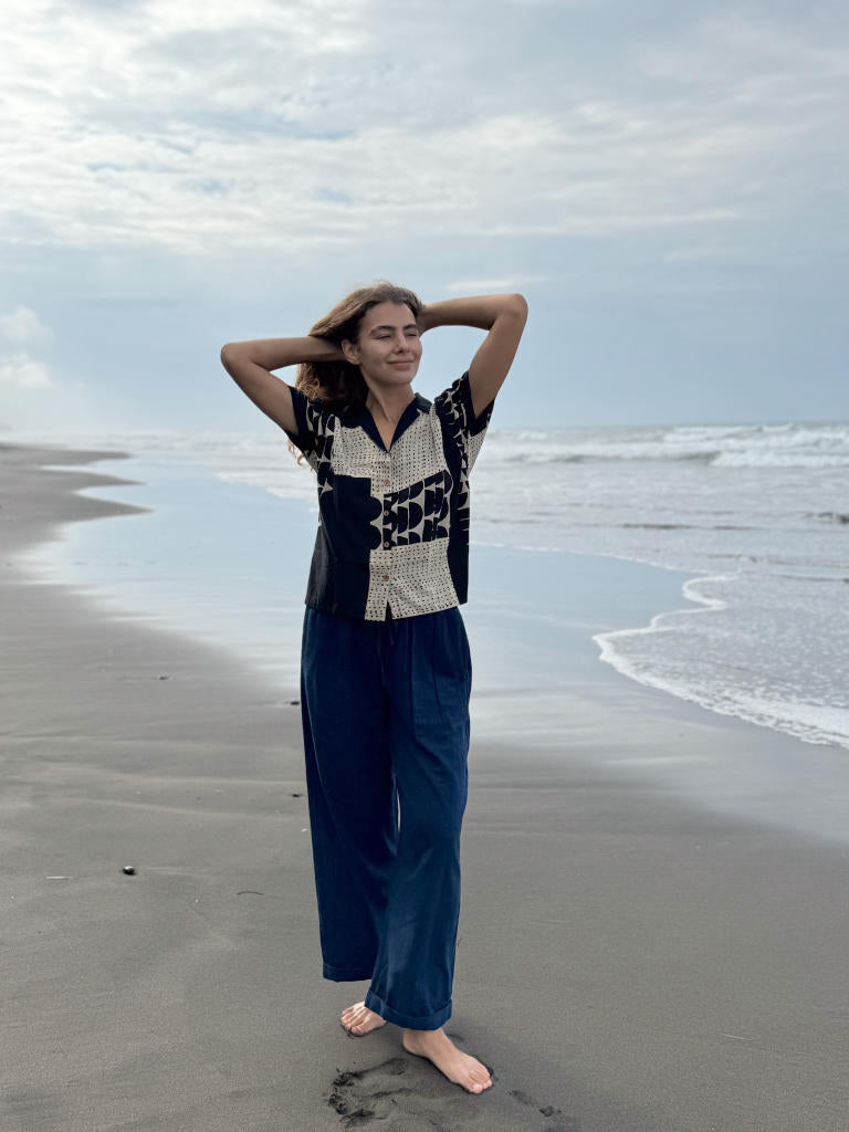 The Half Moons Boro - Boro Shirt cotton by World of Crow in black color for women in Singapore