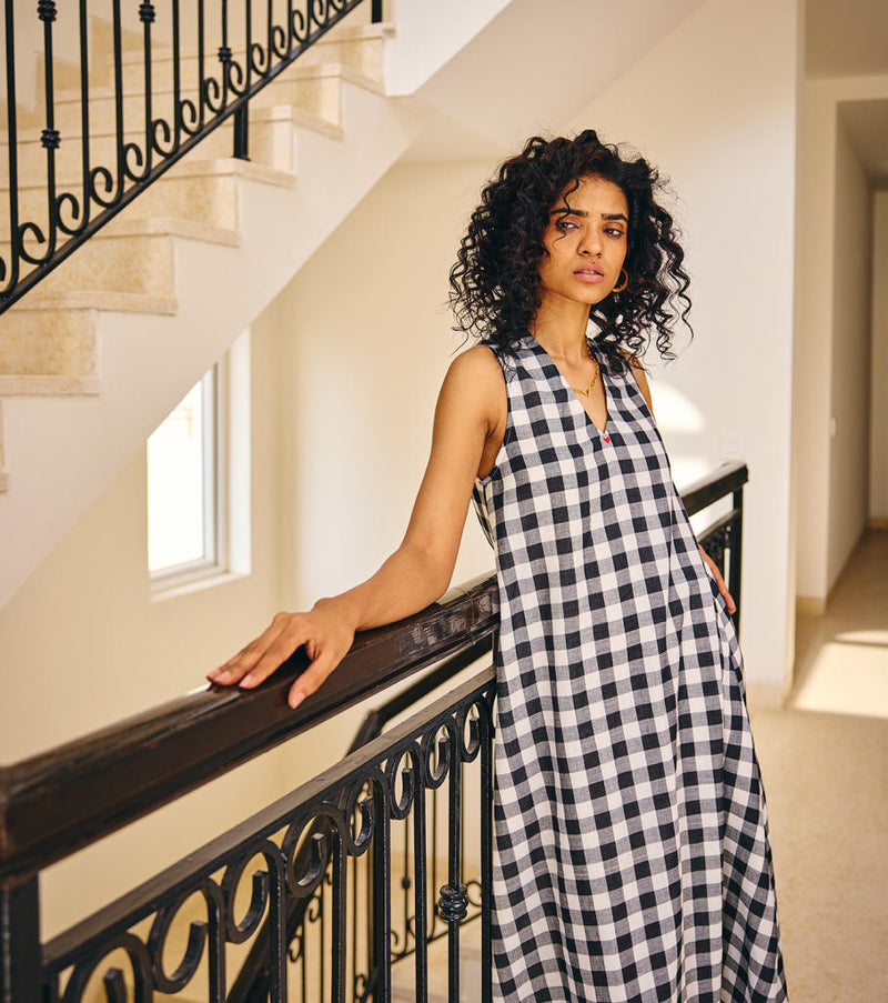 The Checkered Soul Dress cotton by Khara Kapas in black for women in Singapore