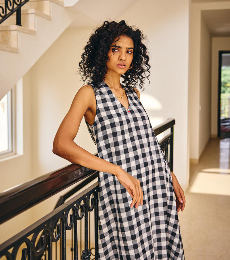 The Checkered Soul Dress cotton by Khara Kapas in black for women in Singapore