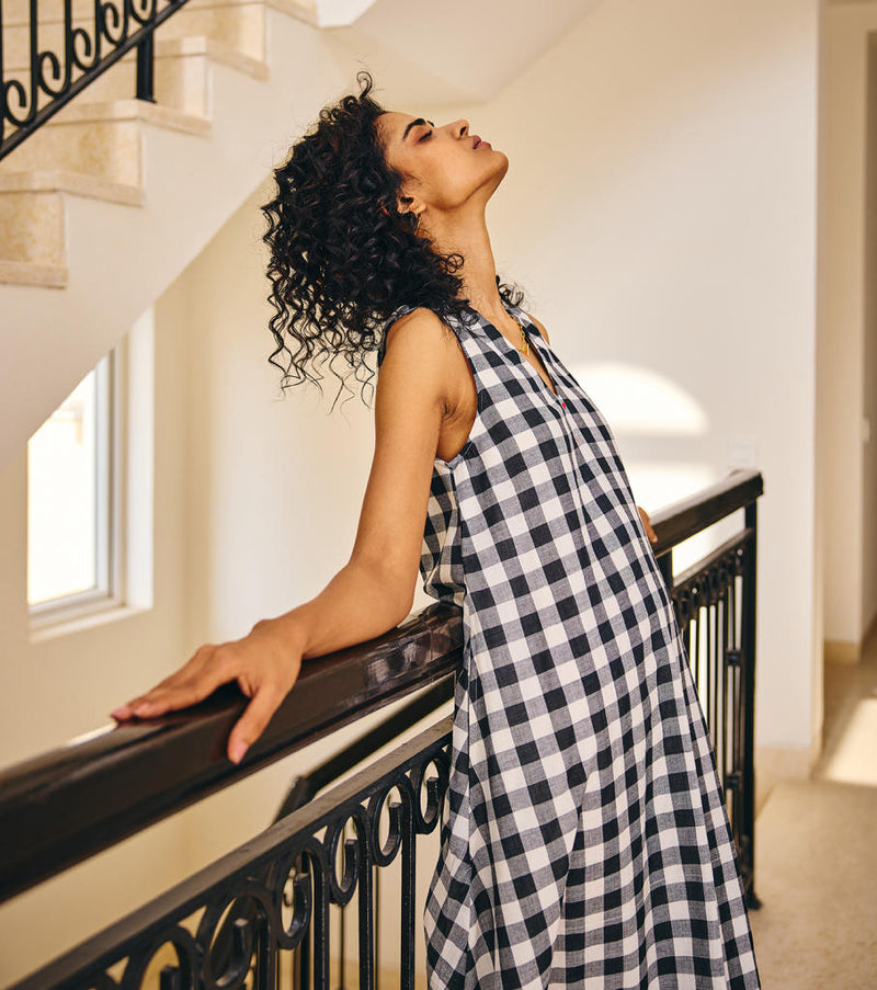 The Checkered Soul Dress cotton by Khara Kapas in black for women in Singapore