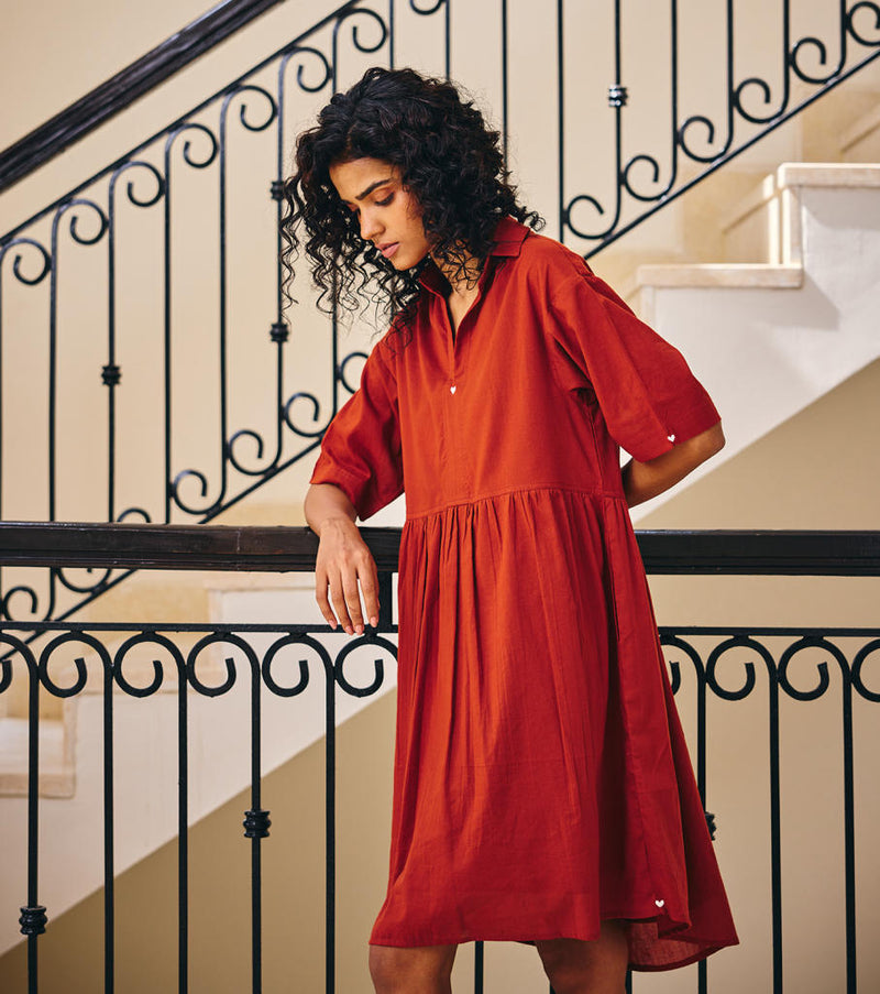 The Sonder Dress cotton by Khara Kapas in rust for women in Singapore