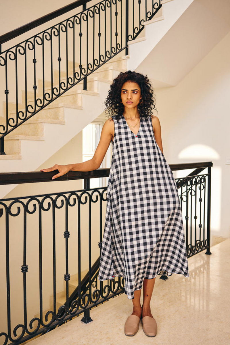 The Checkered Soul Dress cotton by Khara Kapas in black for women in Singapore