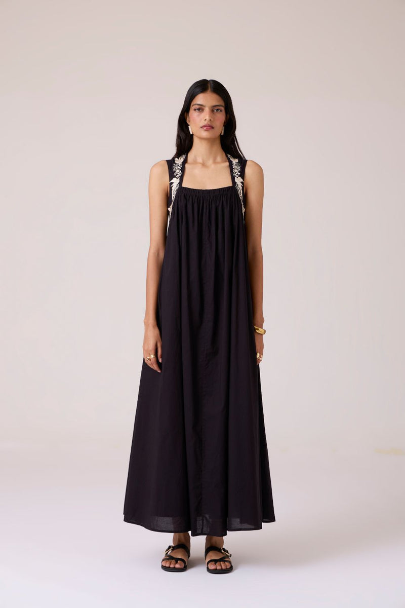 Themis Black Embroidered Dress cotton by The Summer House in black color for women in Singapore