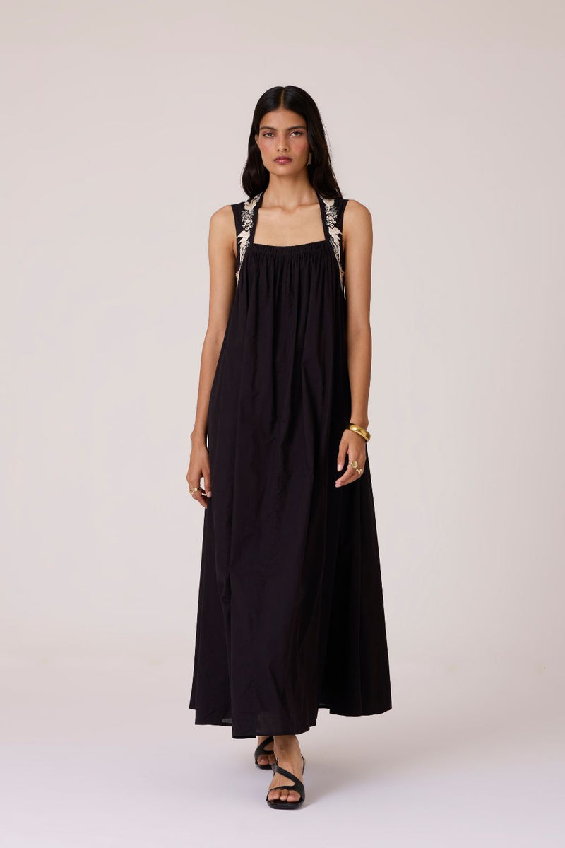 Themis Black Embroidered Dress cotton by The Summer House in black color for women in Singapore