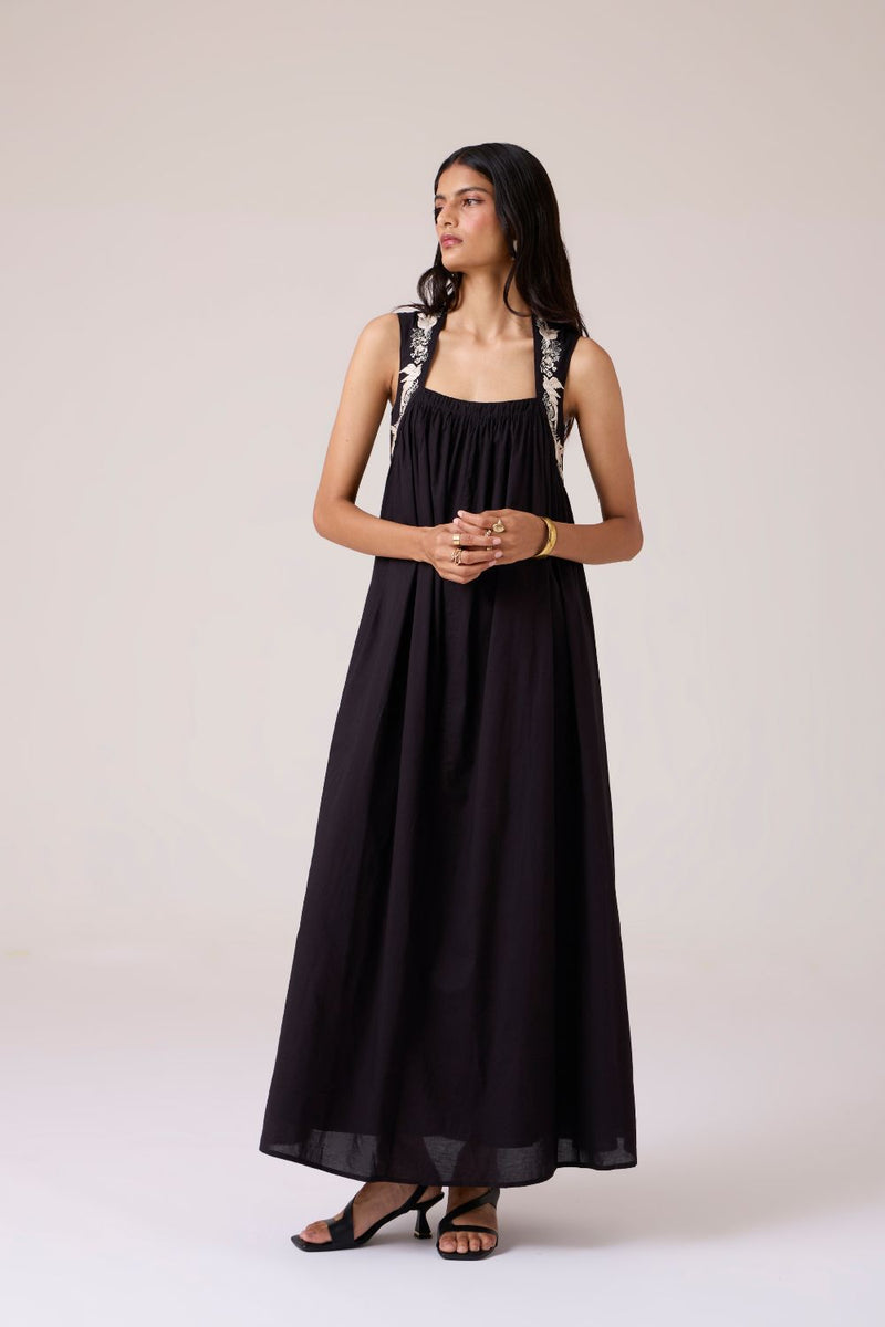 Themis Black Embroidered Dress cotton by The Summer House in black color for women in Singapore