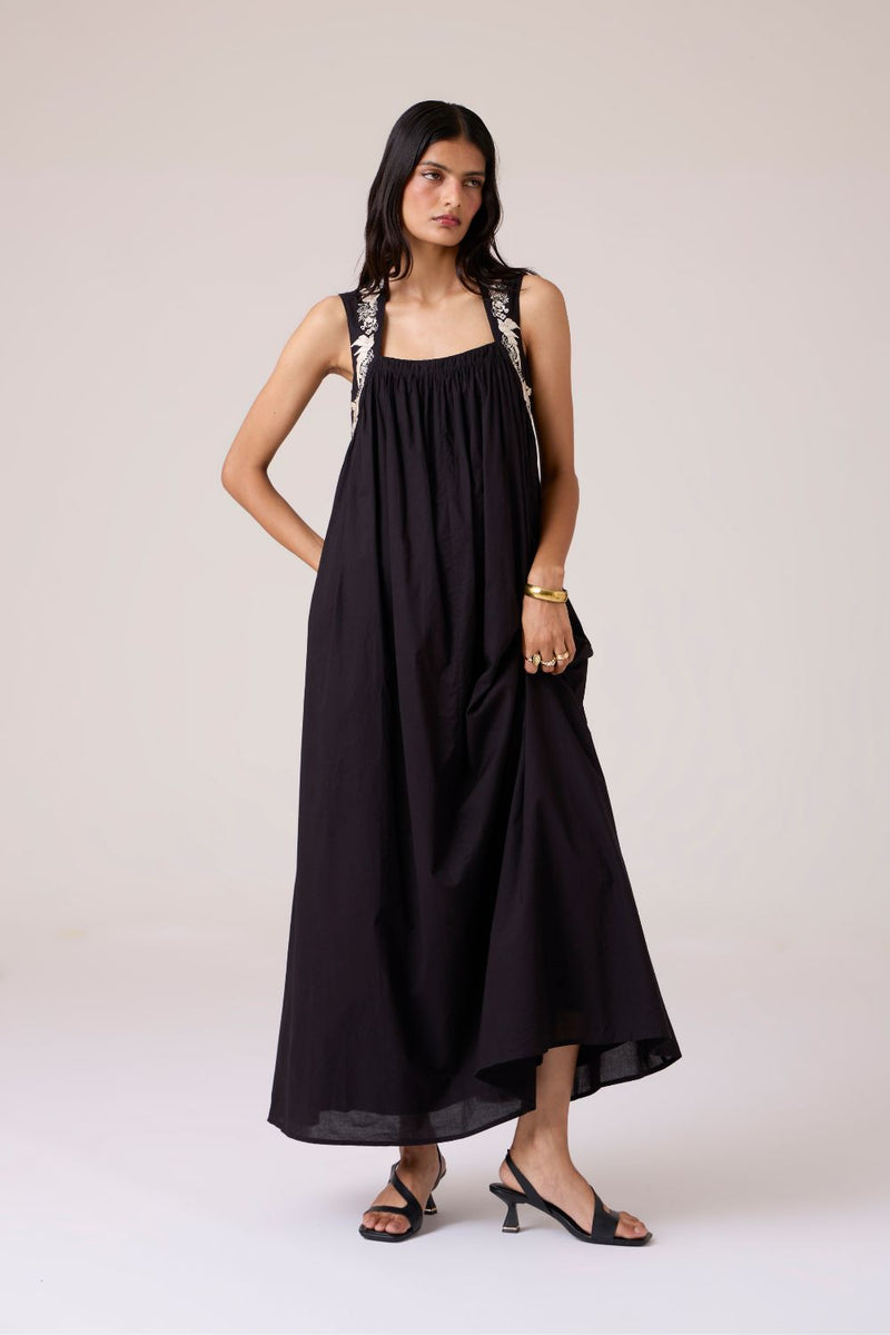 Themis Black Embroidered Dress cotton by The Summer House in black color for women in Singapore