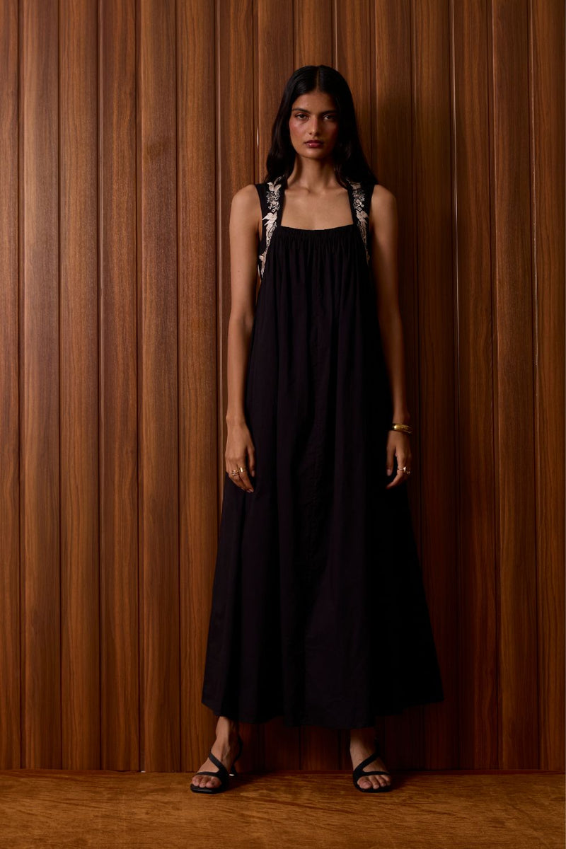 Themis Black Embroidered Dress cotton by The Summer House in black color for women in Singapore