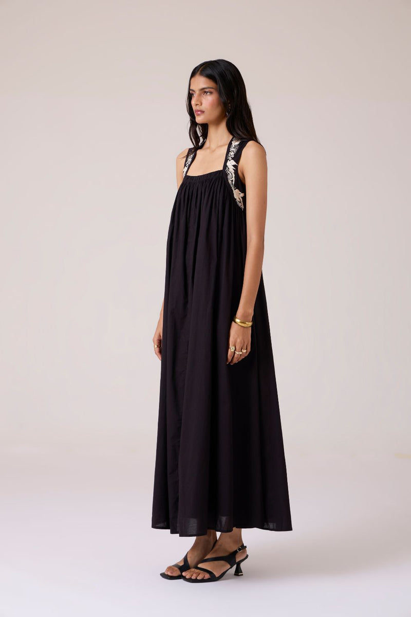 Themis Black Embroidered Dress cotton by The Summer House in black color for women in Singapore