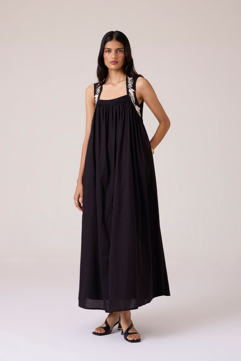 Themis Black Embroidered Dress cotton by The Summer House in black color for women in Singapore