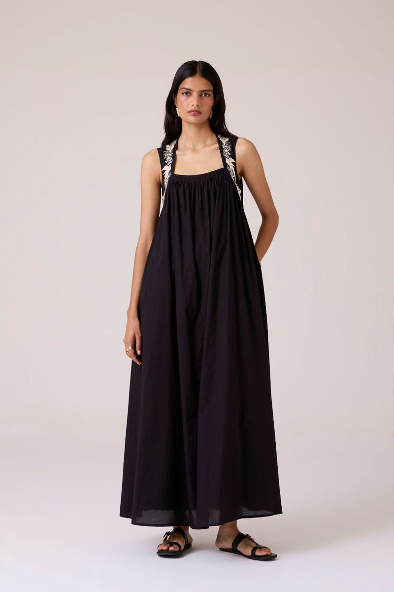 Themis Black Embroidered Dress cotton by The Summer House in black color for women in Singapore