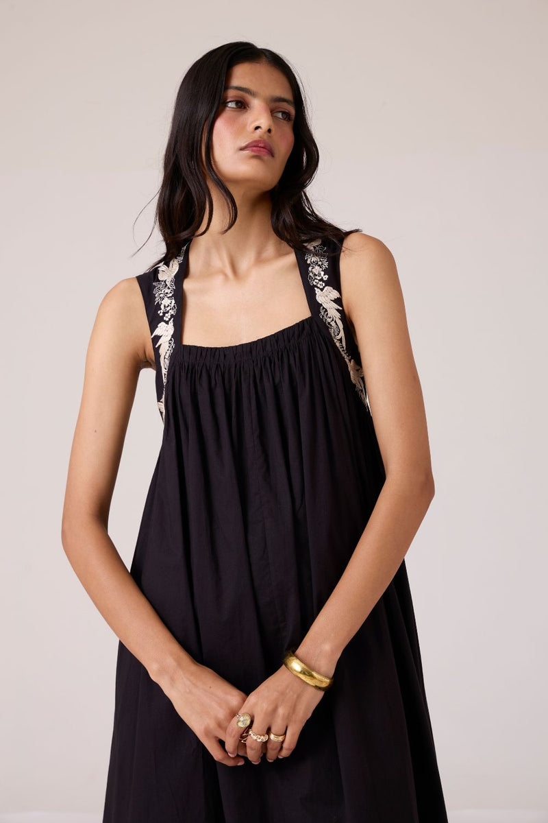 Themis Black Embroidered Dress cotton by The Summer House in black color for women in Singapore