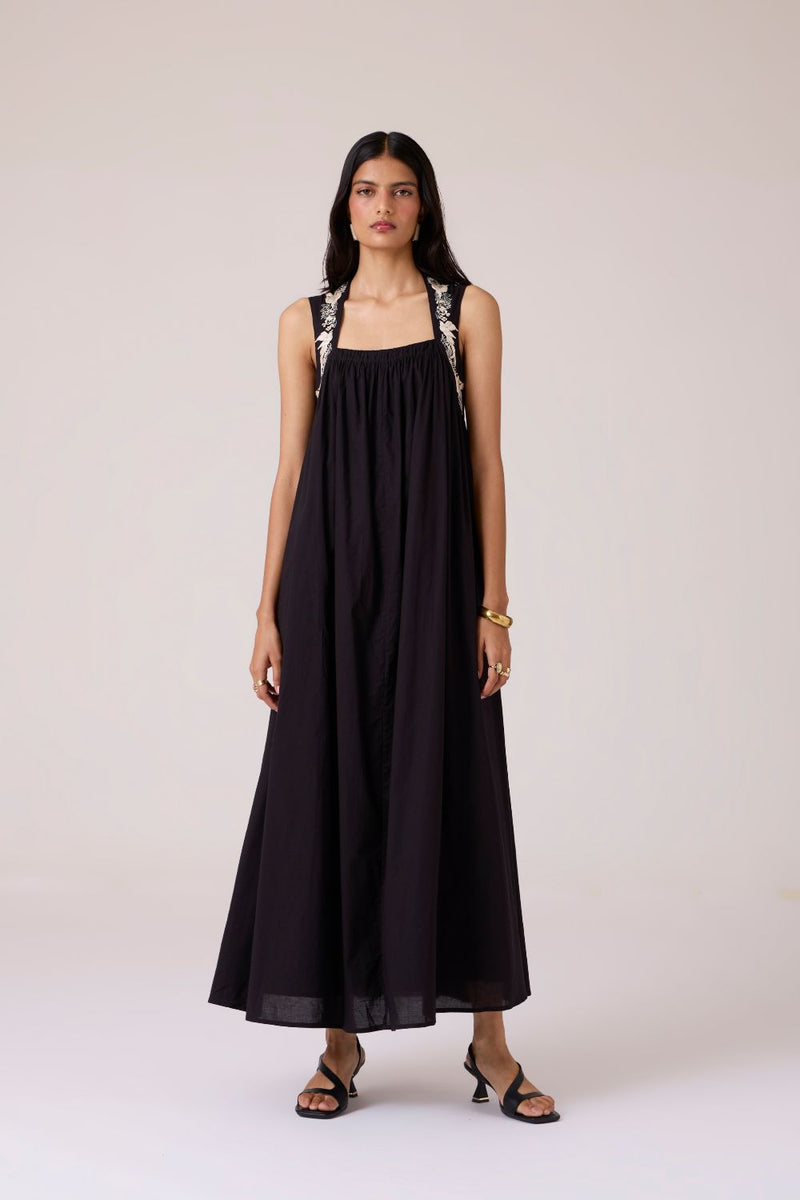 Themis Black Embroidered Dress cotton by The Summer House in black color for women in Singapore