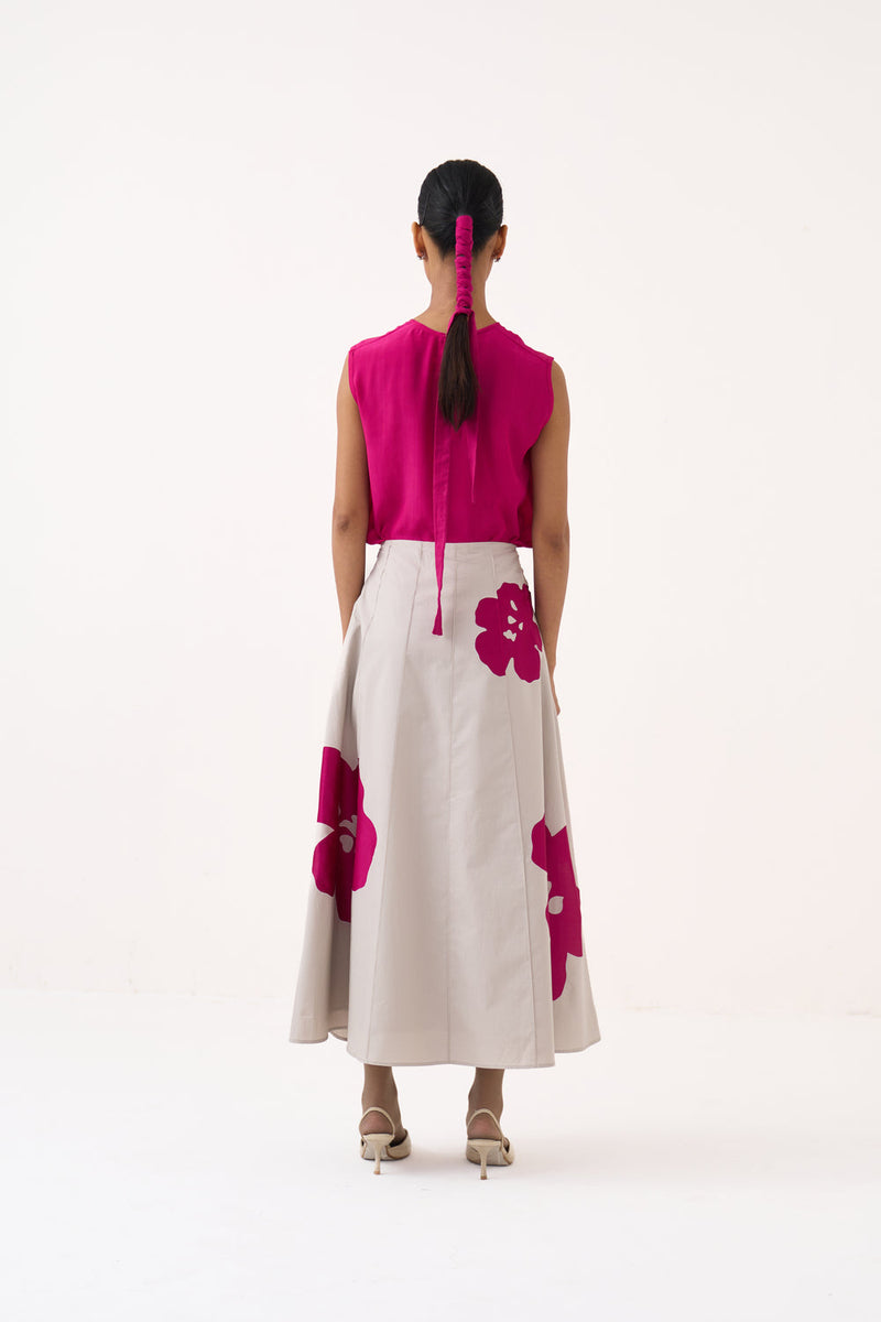 Floral Reverse Applique Skirt-Dove Grey 100% cotton poplin skirt by THREE in grey, pink for women in Singapore