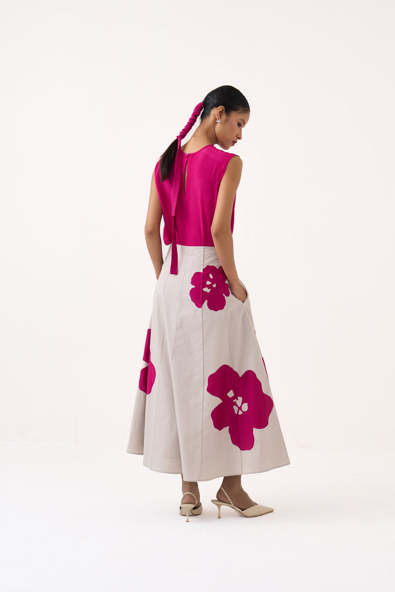 Floral Reverse Applique Skirt Co-Ord (Set Of 2)-Bright Berry silk crepe, poplin co-ord set by THREE in pink for women in Singapore