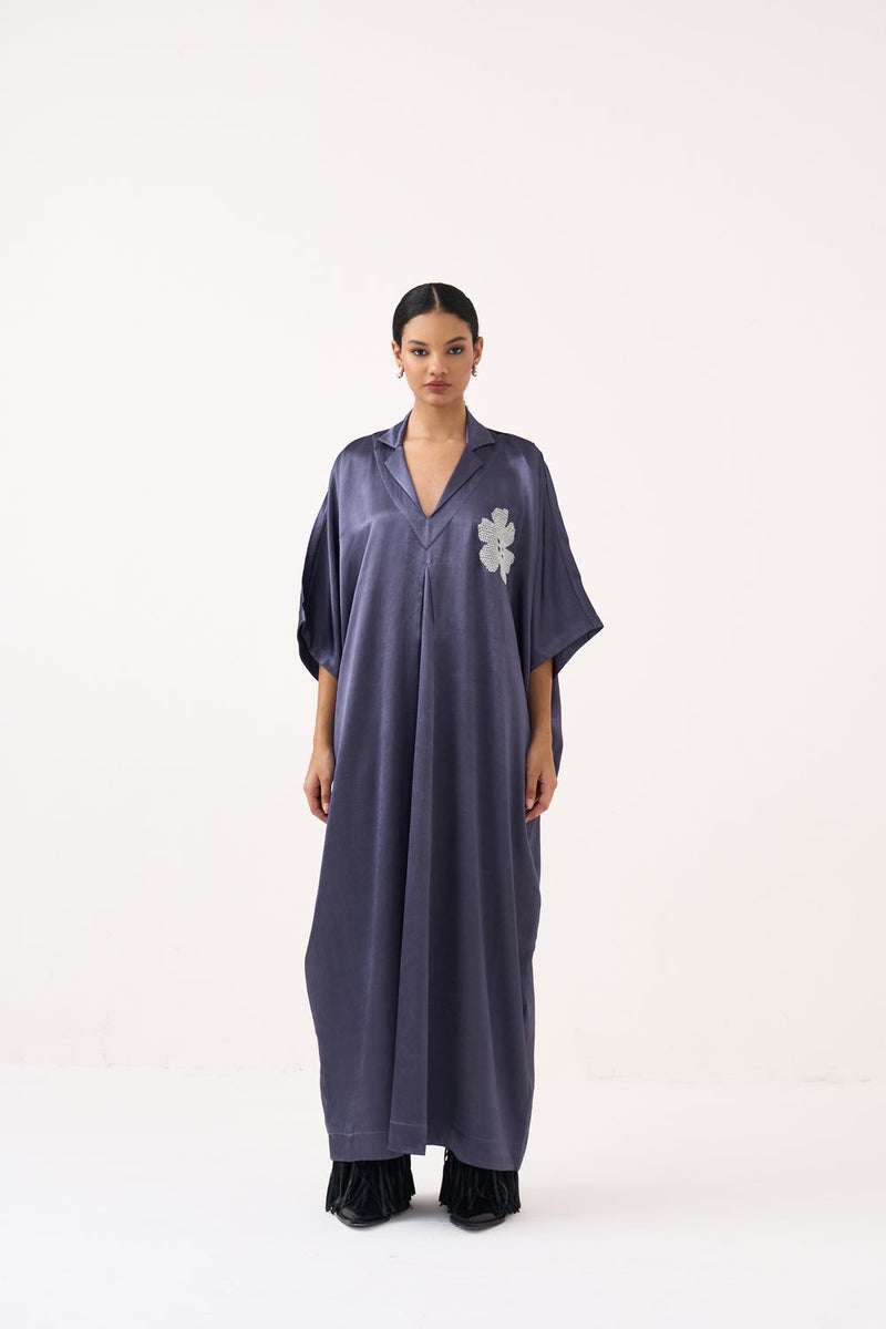Emb. Gusset Kaftan-Ash Violet mushroo satin tunics/kaftan by THREE in voilet for women in Singapore