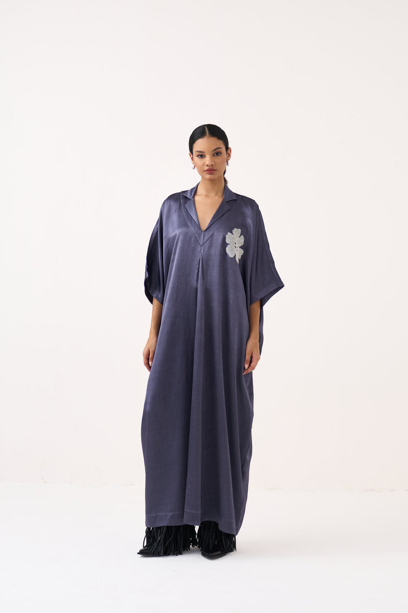 Emb. Gusset Kaftan-Ash Violet mushroo satin tunics/kaftan by THREE in voilet for women in Singapore