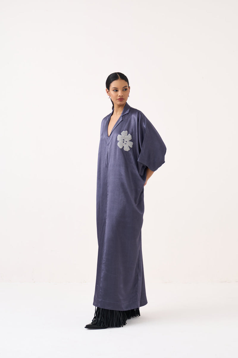 Emb. Gusset Kaftan-Ash Violet mushroo satin tunics/kaftan by THREE in voilet for women in Singapore