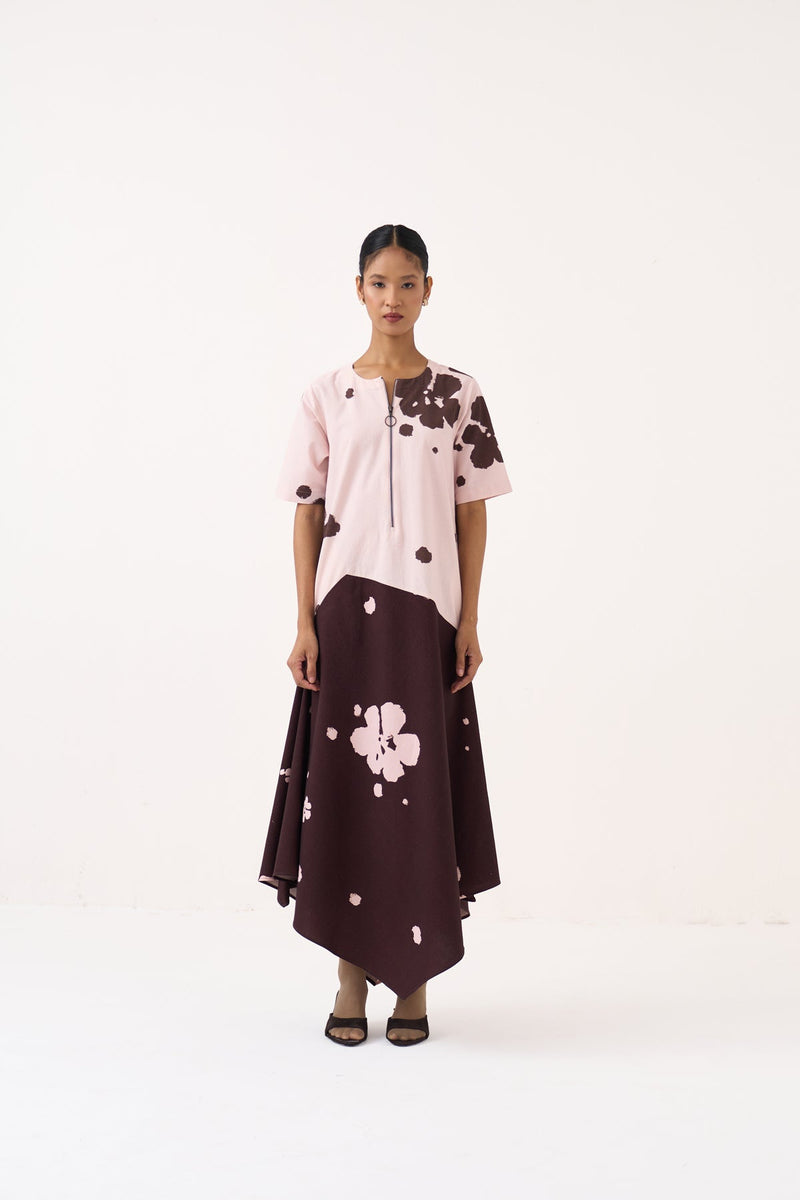 Handkerchief Dress-Baby Pink/Dark Brown crushed cotton dress by THREE in pink for women in Singapore