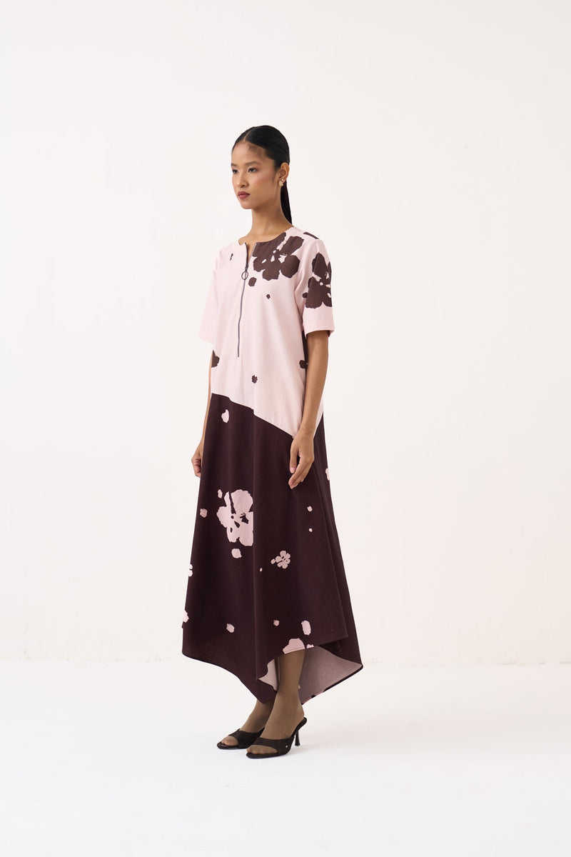 Handkerchief Dress-Baby Pink/Dark Brown crushed cotton dress by THREE in pink for women in Singapore