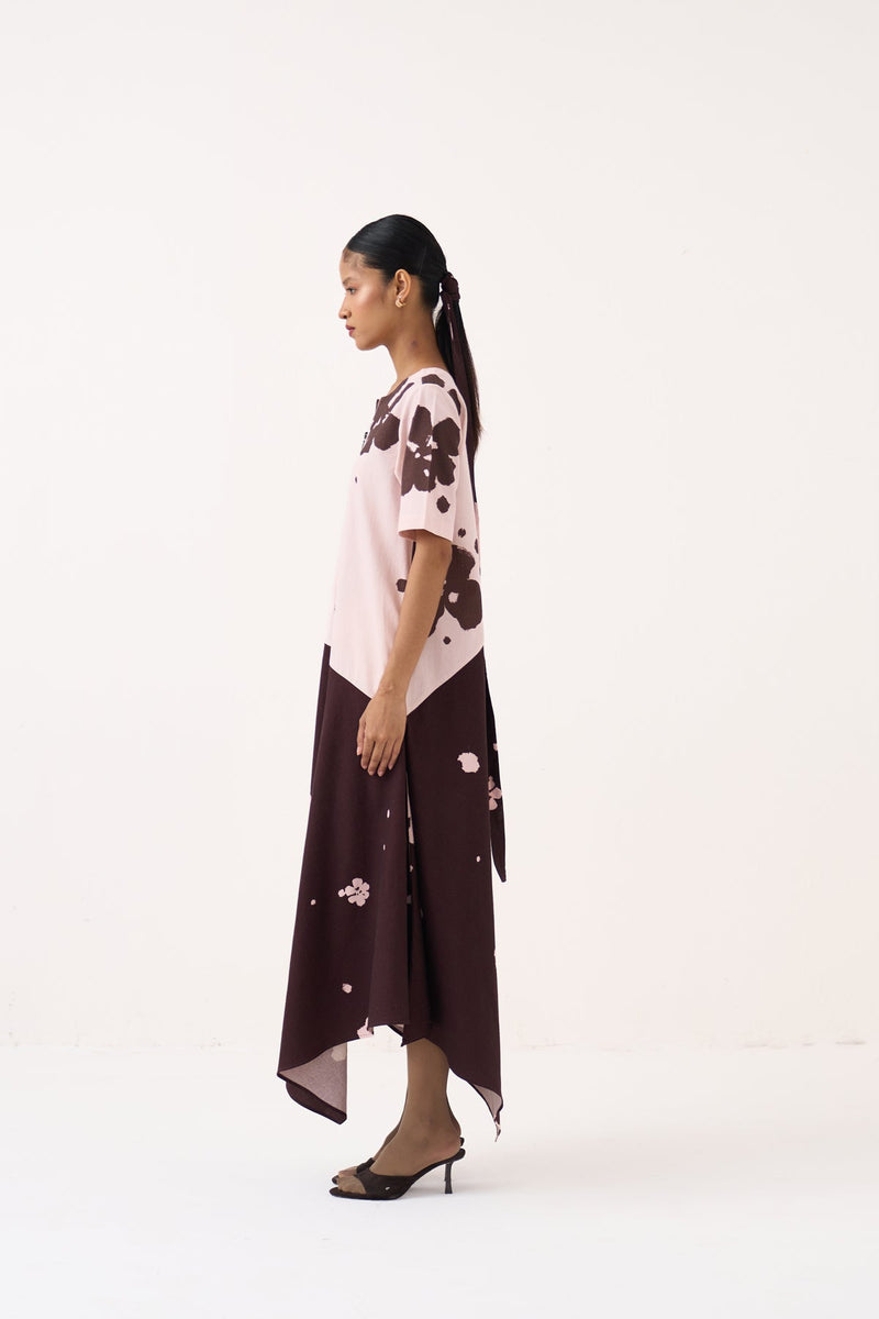 Handkerchief Dress-Baby Pink/Dark Brown crushed cotton dress by THREE in pink for women in Singapore