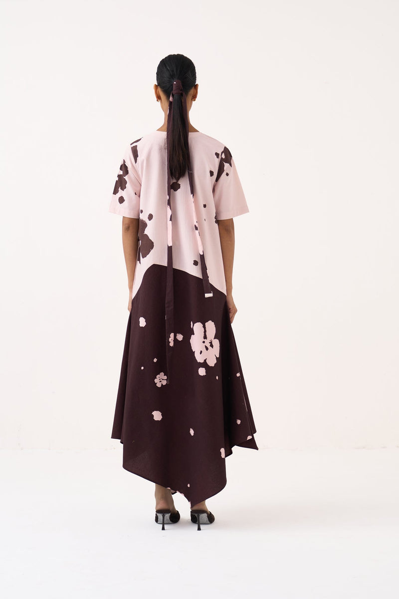 Handkerchief Dress-Baby Pink/Dark Brown crushed cotton dress by THREE in pink for women in Singapore