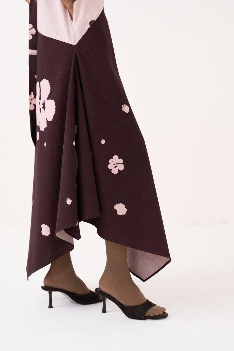 Handkerchief Dress-Baby Pink/Dark Brown crushed cotton dress by THREE in pink for women in Singapore