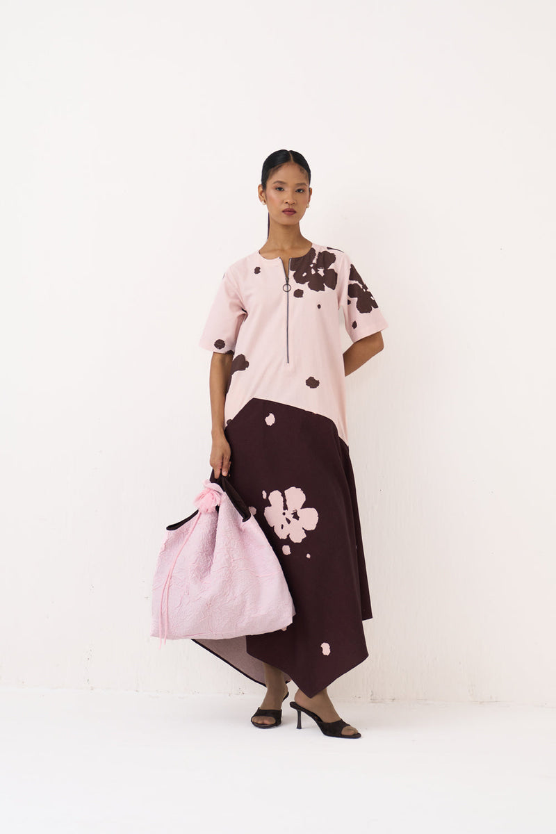 Handkerchief Dress-Baby Pink/Dark Brown crushed cotton dress by THREE in pink for women in Singapore