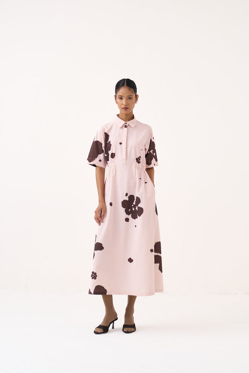 Collared Side Elastic Waist Dress-Baby Pink/Dark Brown crushed cotton dress by THREE in pink for women in Singapore