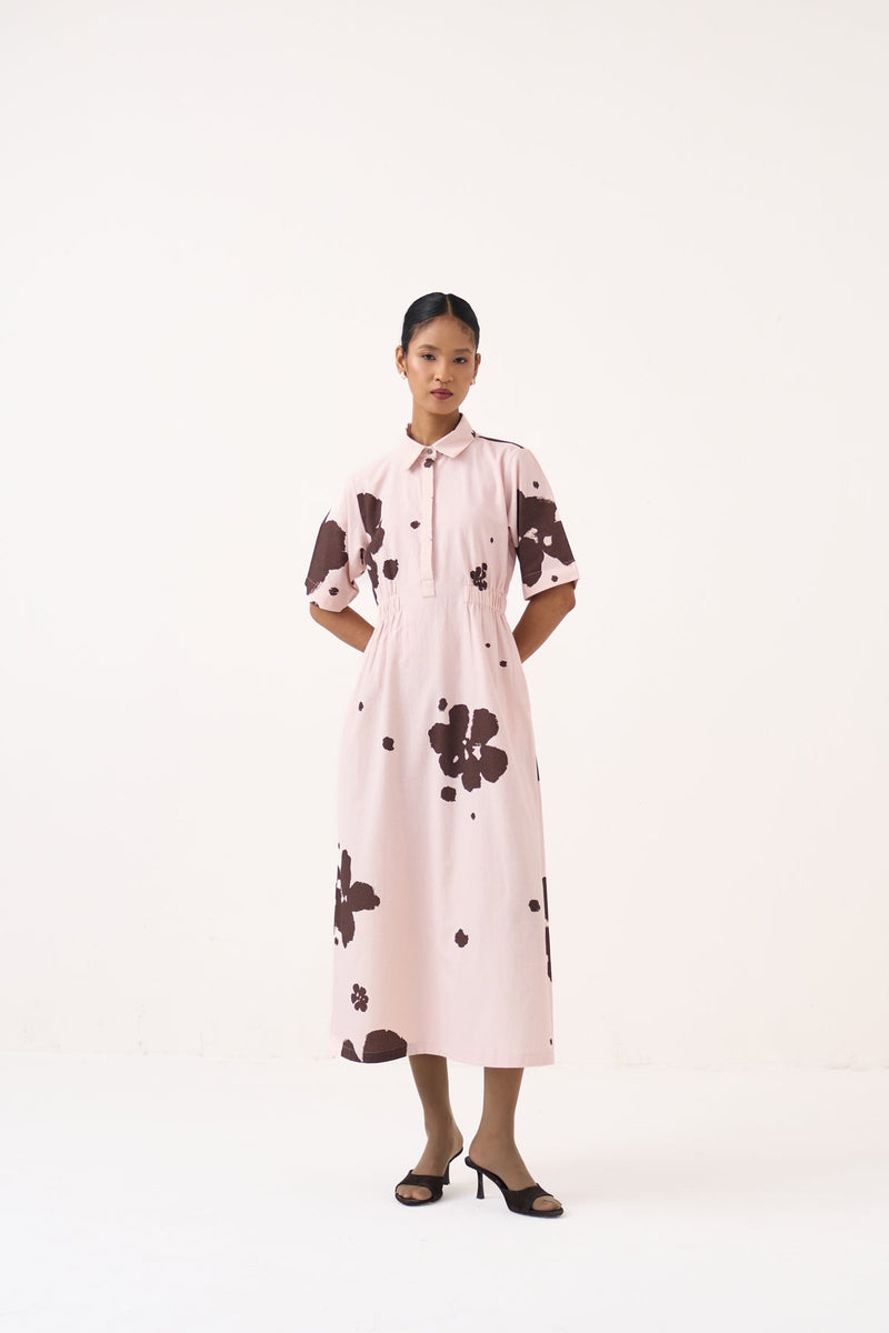 Collared Side Elastic Waist Dress-Baby Pink/Dark Brown crushed cotton dress by THREE in pink for women in Singapore