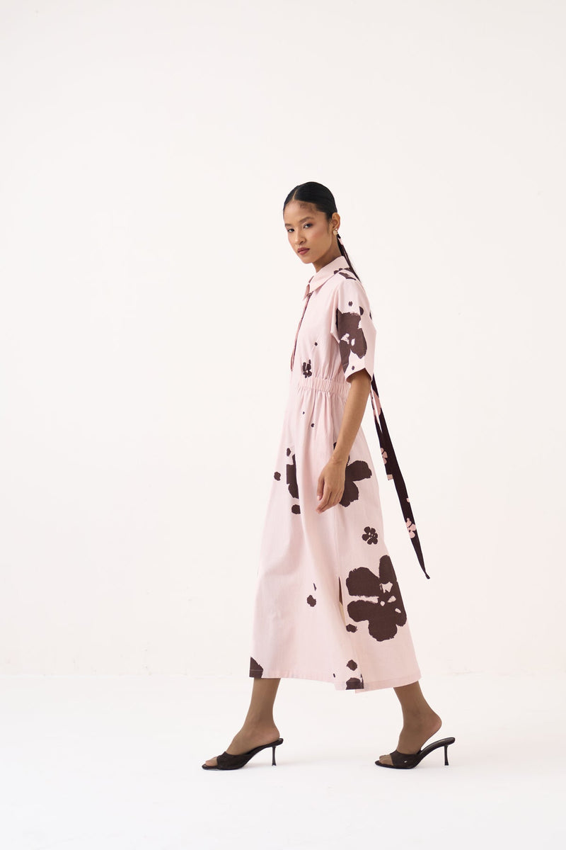 Collared Side Elastic Waist Dress-Baby Pink/Dark Brown crushed cotton dress by THREE in pink for women in Singapore