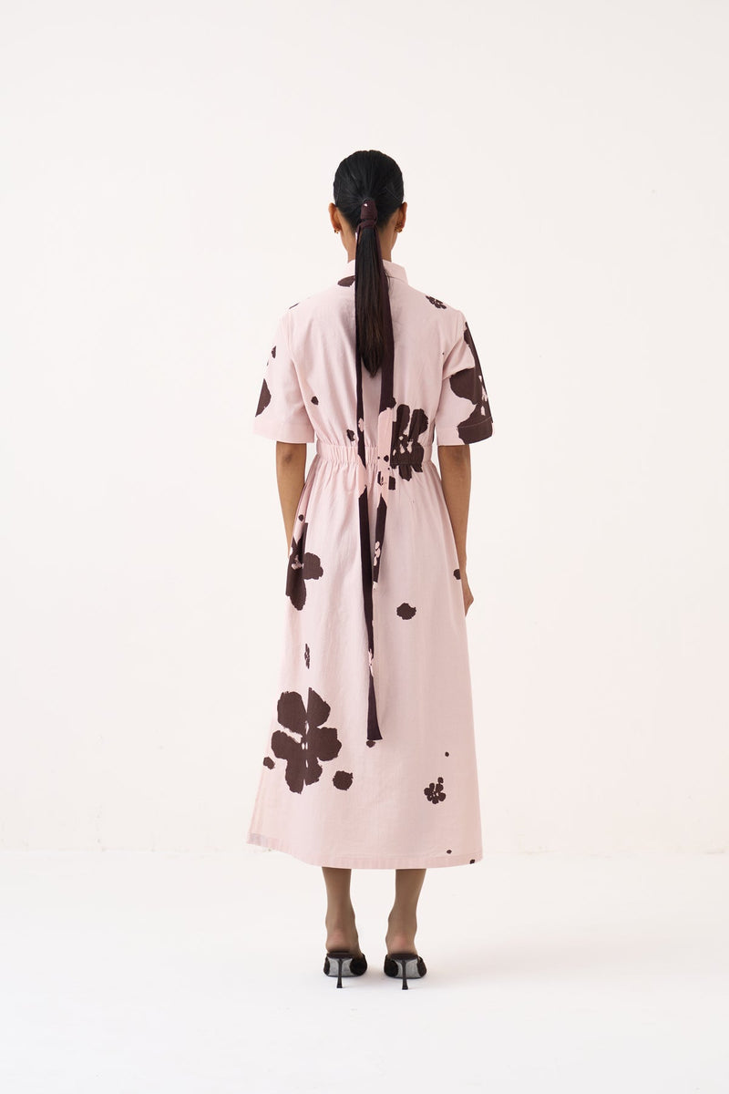 Collared Side Elastic Waist Dress-Baby Pink/Dark Brown crushed cotton dress by THREE in pink for women in Singapore