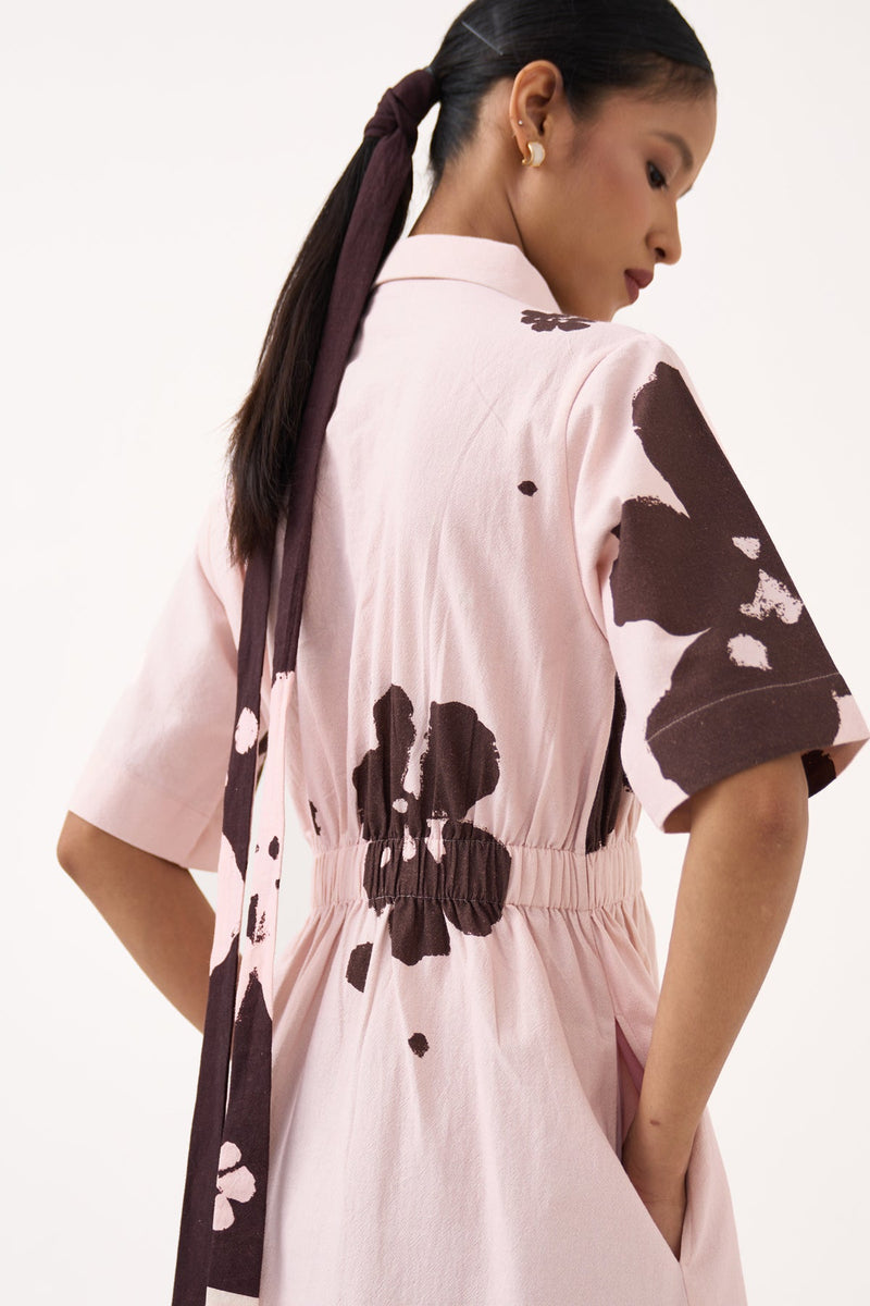 Collared Side Elastic Waist Dress-Baby Pink/Dark Brown crushed cotton dress by THREE in pink for women in Singapore