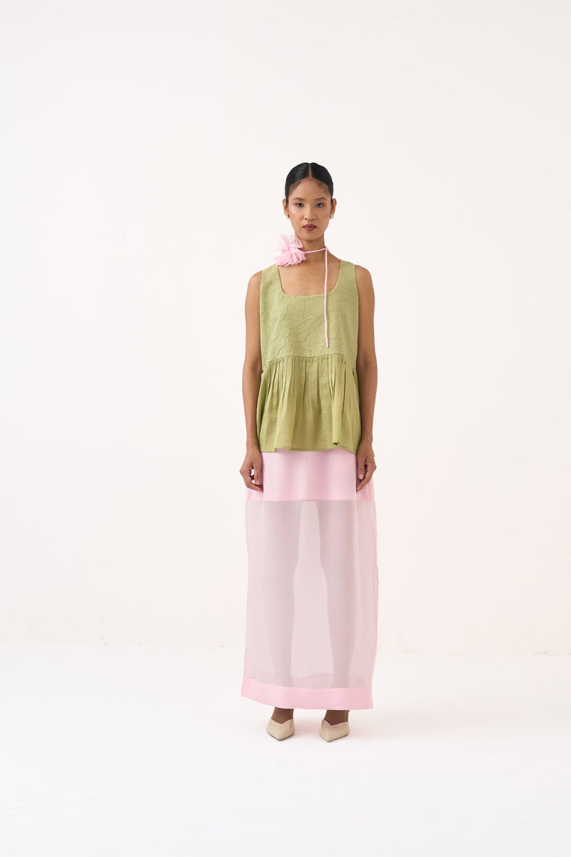 Sleeveless Yoke Gather Top Co-Ord-Soft Moss & Petal Pink chanderi/mul co-ord set by THREE in soft moss for women in Singapore