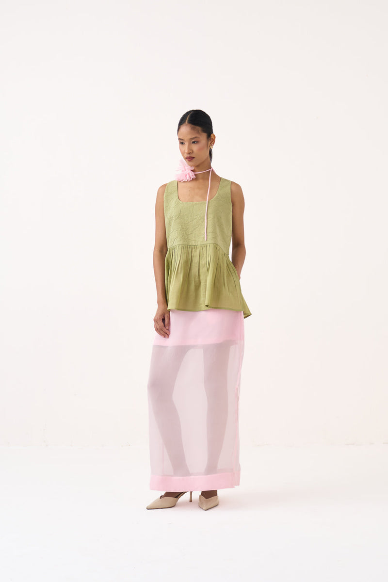 Sleeveless Yoke Gather Top Co-Ord-Soft Moss & Petal Pink chanderi/mul co-ord set by THREE in soft moss for women in Singapore