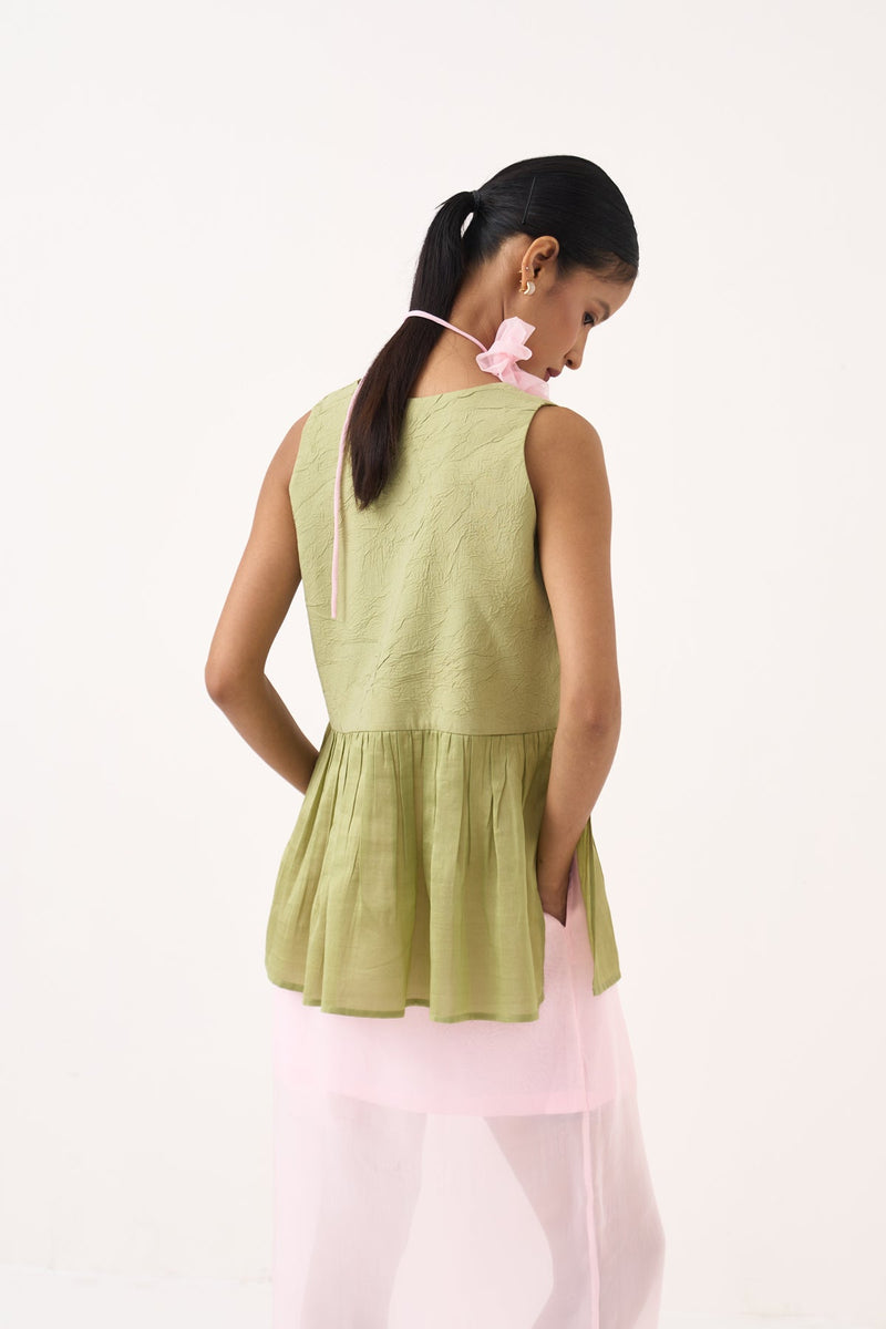 Sleeveless Yoke Gather Top Co-Ord-Soft Moss & Petal Pink chanderi/mul co-ord set by THREE in soft moss for women in Singapore