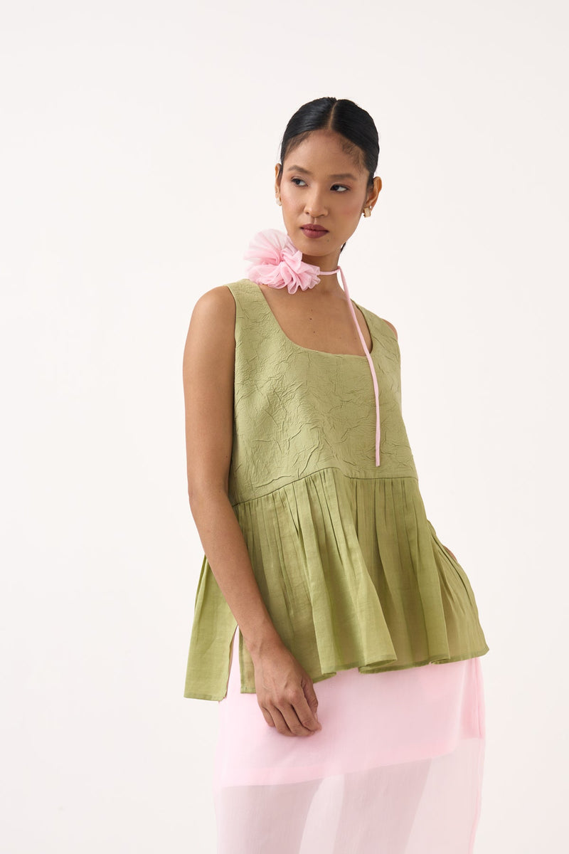 Sleeveless Yoke Gather Top-Soft Moss  chanderi top/shirt by THREE in soft moss for women in Singapore