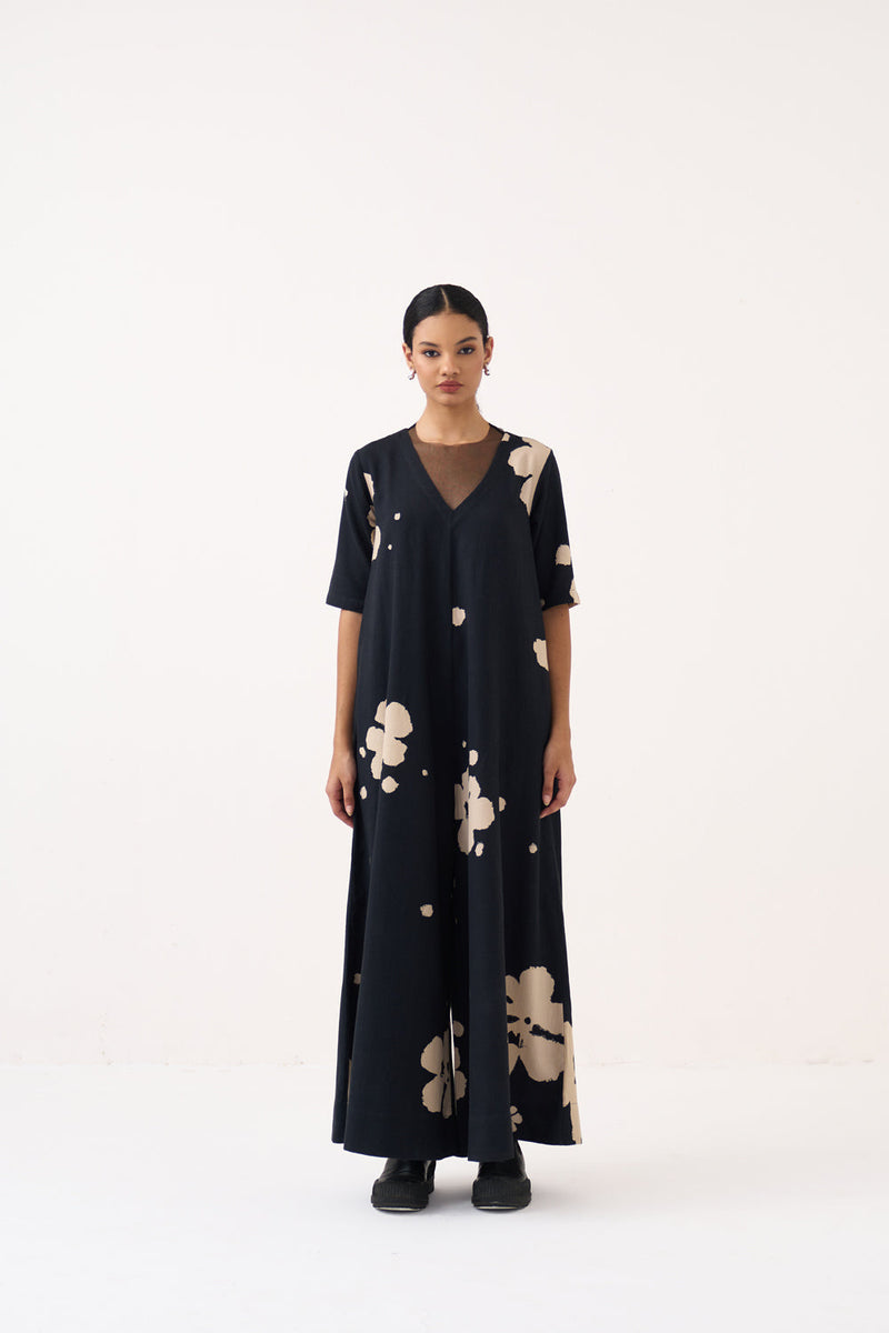 Floral Jumpsuit-Black crushed cotton jumpsuit by THREE in black for women in Singapore