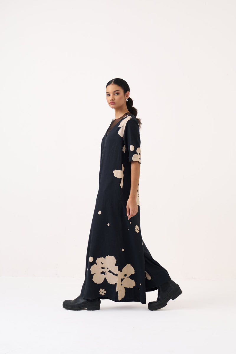 Floral Jumpsuit-Black crushed cotton jumpsuit by THREE in black for women in Singapore