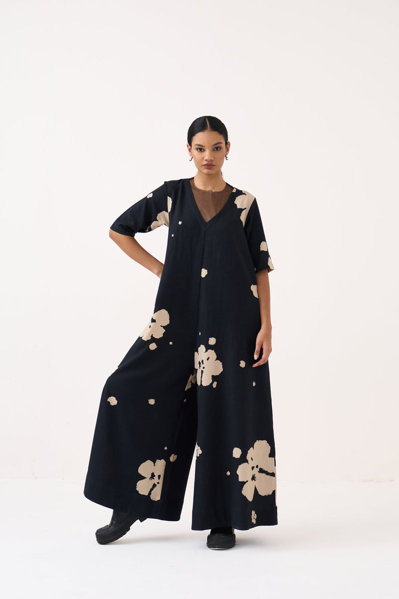 Floral Jumpsuit-Black crushed cotton jumpsuit by THREE in black for women in Singapore