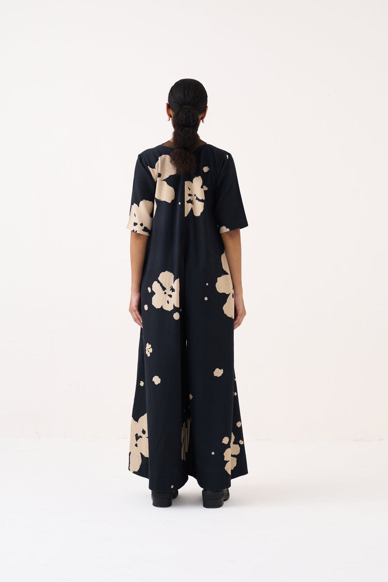 Floral Jumpsuit-Black crushed cotton jumpsuit by THREE in black for women in Singapore