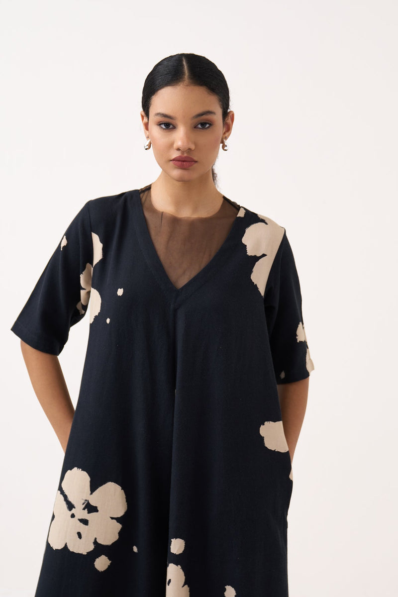 Floral Jumpsuit-Black crushed cotton jumpsuit by THREE in black for women in Singapore