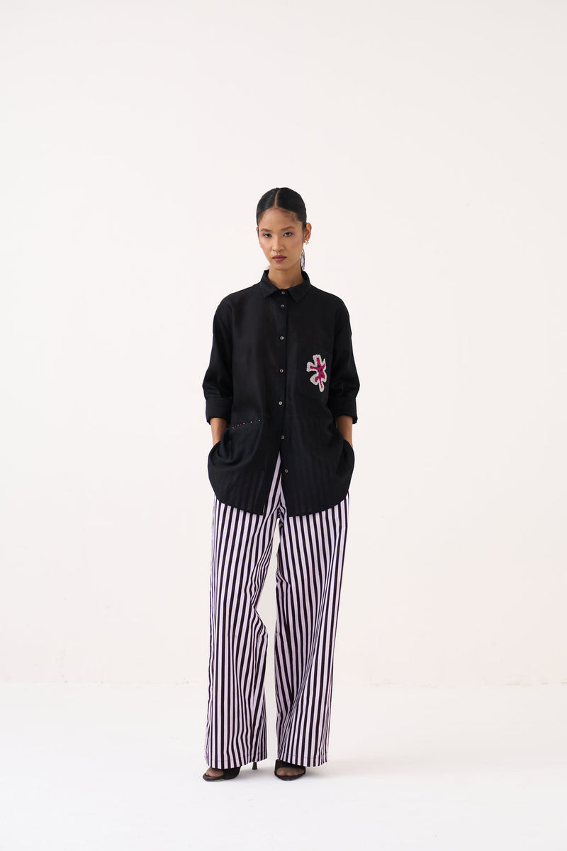 Emb. Patch Pocket Shirt Co-Ord (Set Of 2)-Black chanderi, poplin co-ord set by THREE in black for women in Singapore
