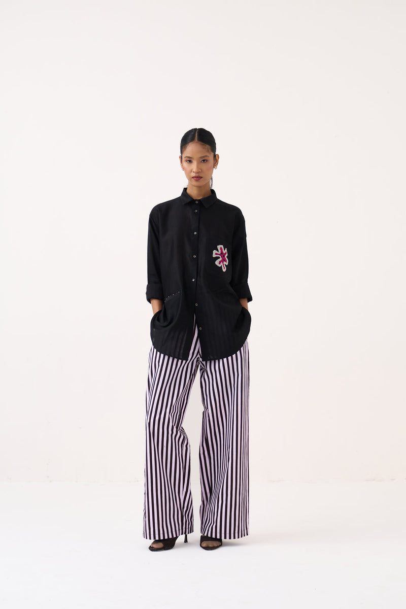Emb. Patch Pocket Shirt-Black chanderi top/shirt by THREE in black for women in Singapore