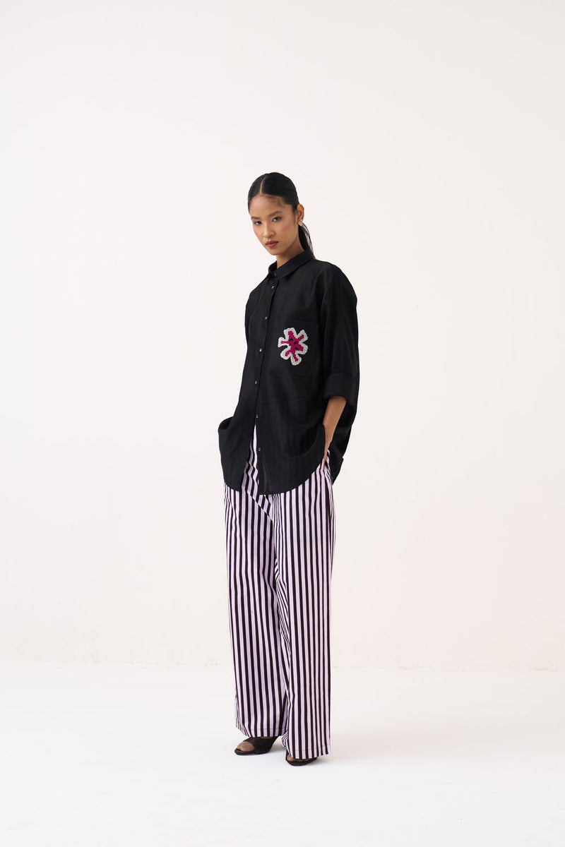 Emb. Patch Pocket Shirt-Black chanderi top/shirt by THREE in black for women in Singapore