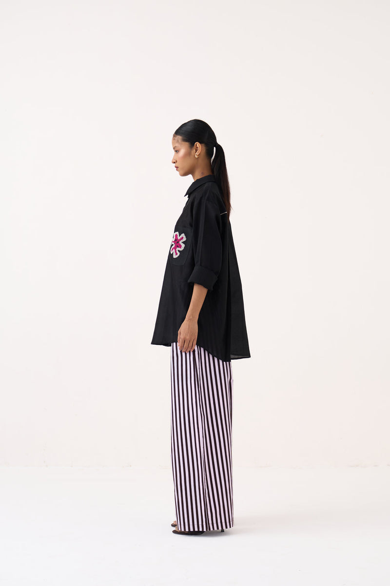 Emb. Patch Pocket Shirt Co-Ord (Set Of 2)-Black chanderi, poplin co-ord set by THREE in black for women in Singapore