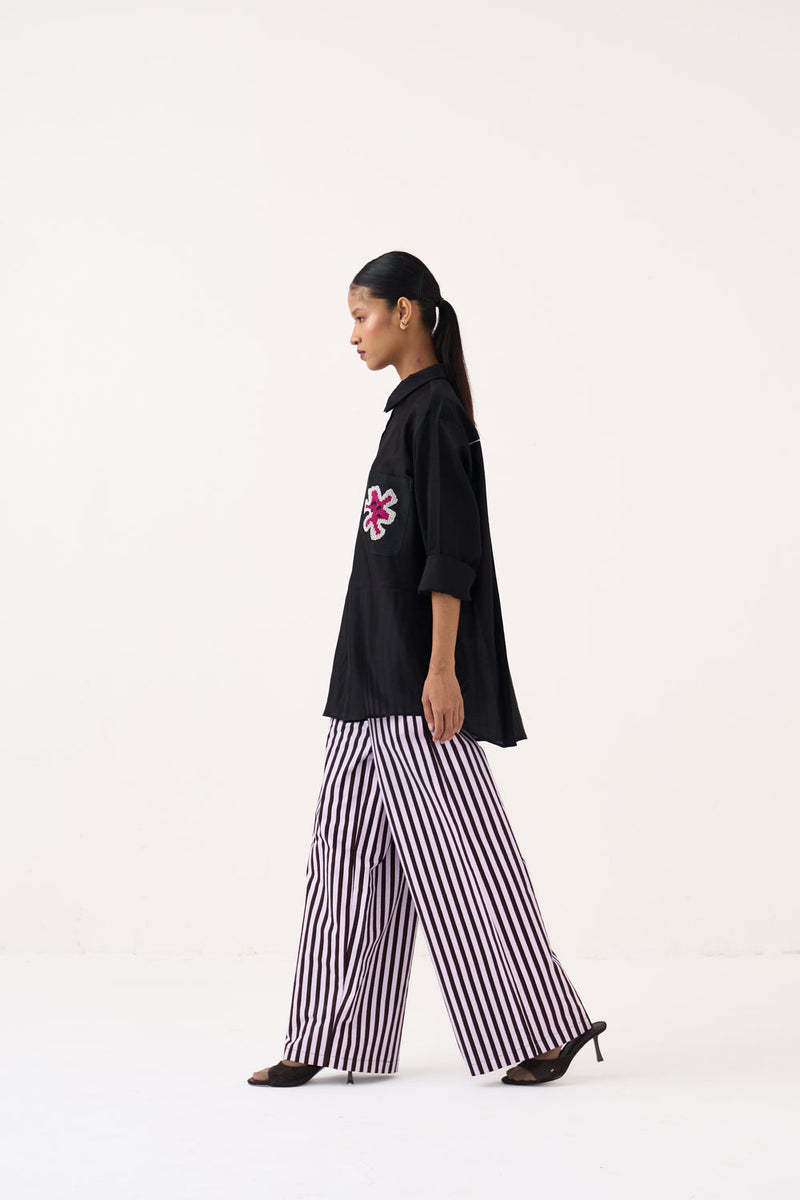 Emb. Patch Pocket Shirt Co-Ord (Set Of 2)-Black chanderi, poplin co-ord set by THREE in black for women in Singapore