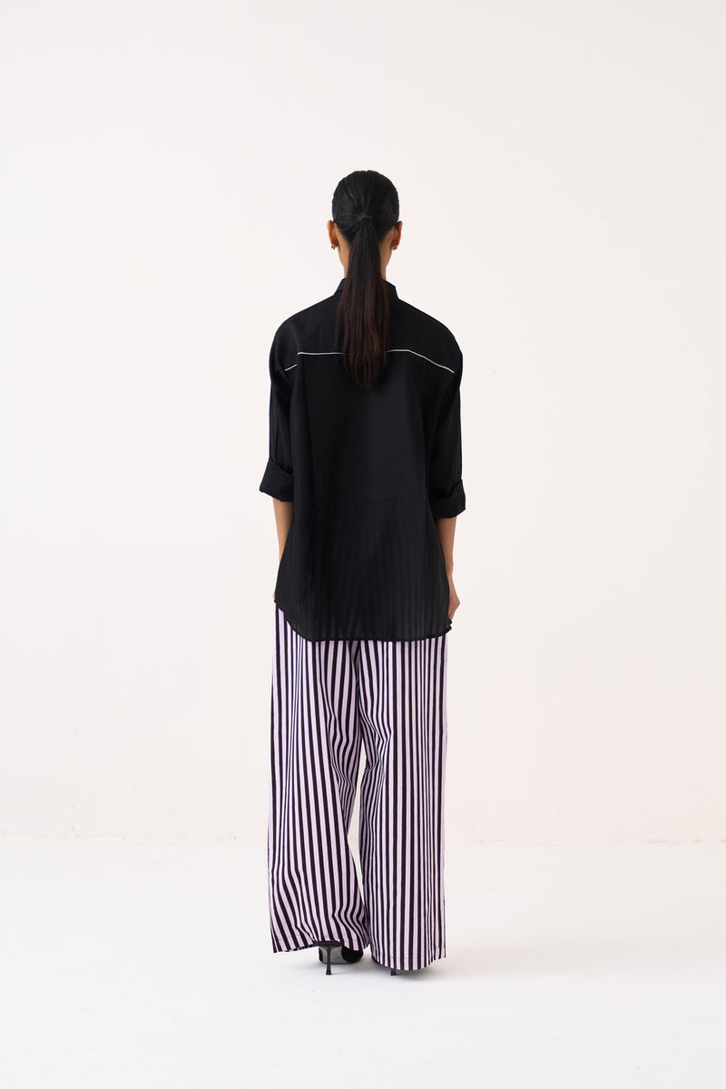 Emb. Patch Pocket Shirt-Black chanderi top/shirt by THREE in black for women in Singapore