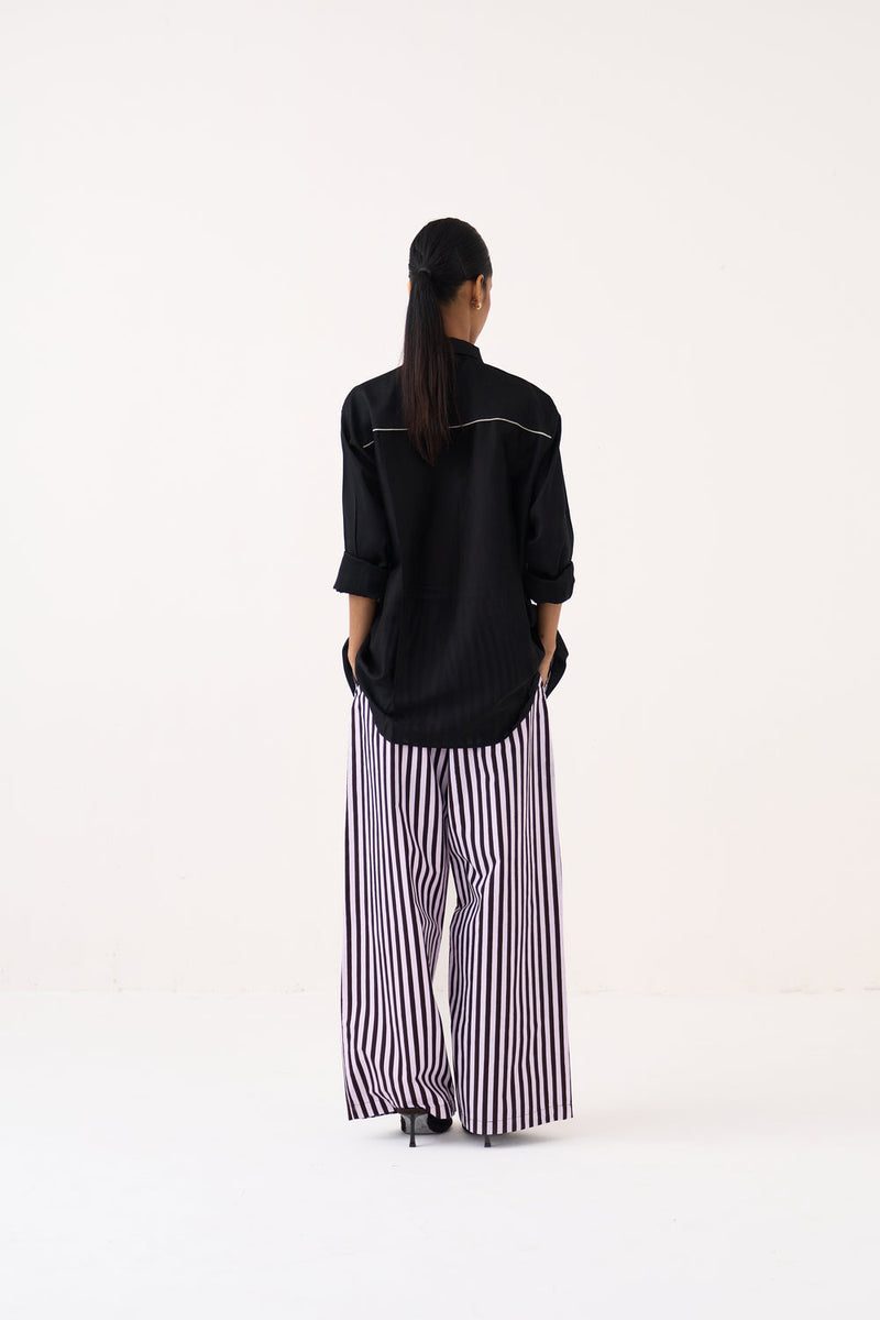 Emb. Patch Pocket Shirt Co-Ord (Set Of 2)-Black chanderi, poplin co-ord set by THREE in black for women in Singapore