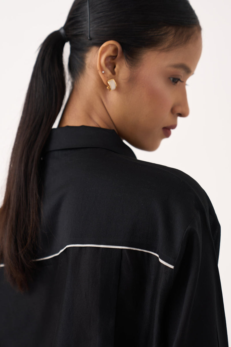 Emb. Patch Pocket Shirt-Black chanderi top/shirt by THREE in black for women in Singapore