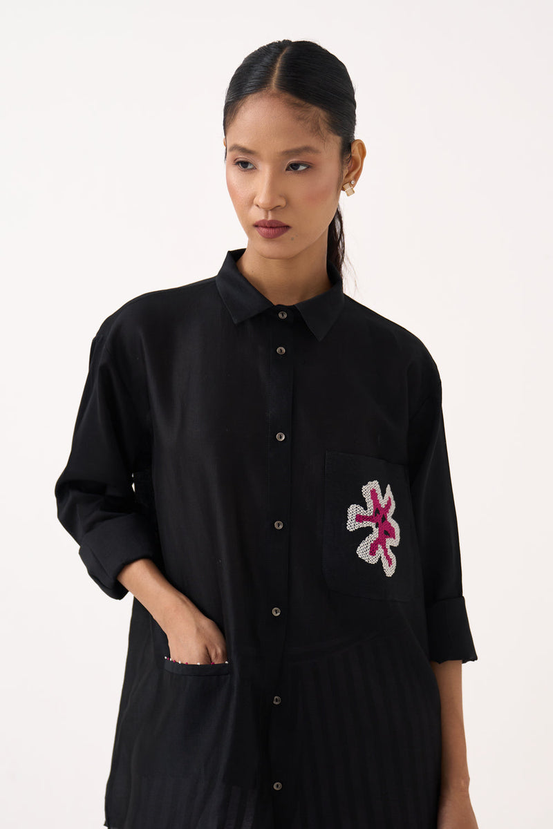 Emb. Patch Pocket Shirt Co-Ord (Set Of 2)-Black chanderi, poplin co-ord set by THREE in black for women in Singapore
